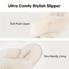 Women's Plush Cross Strap Slippers Open Toe Slip On Warm Winter Home Shoes