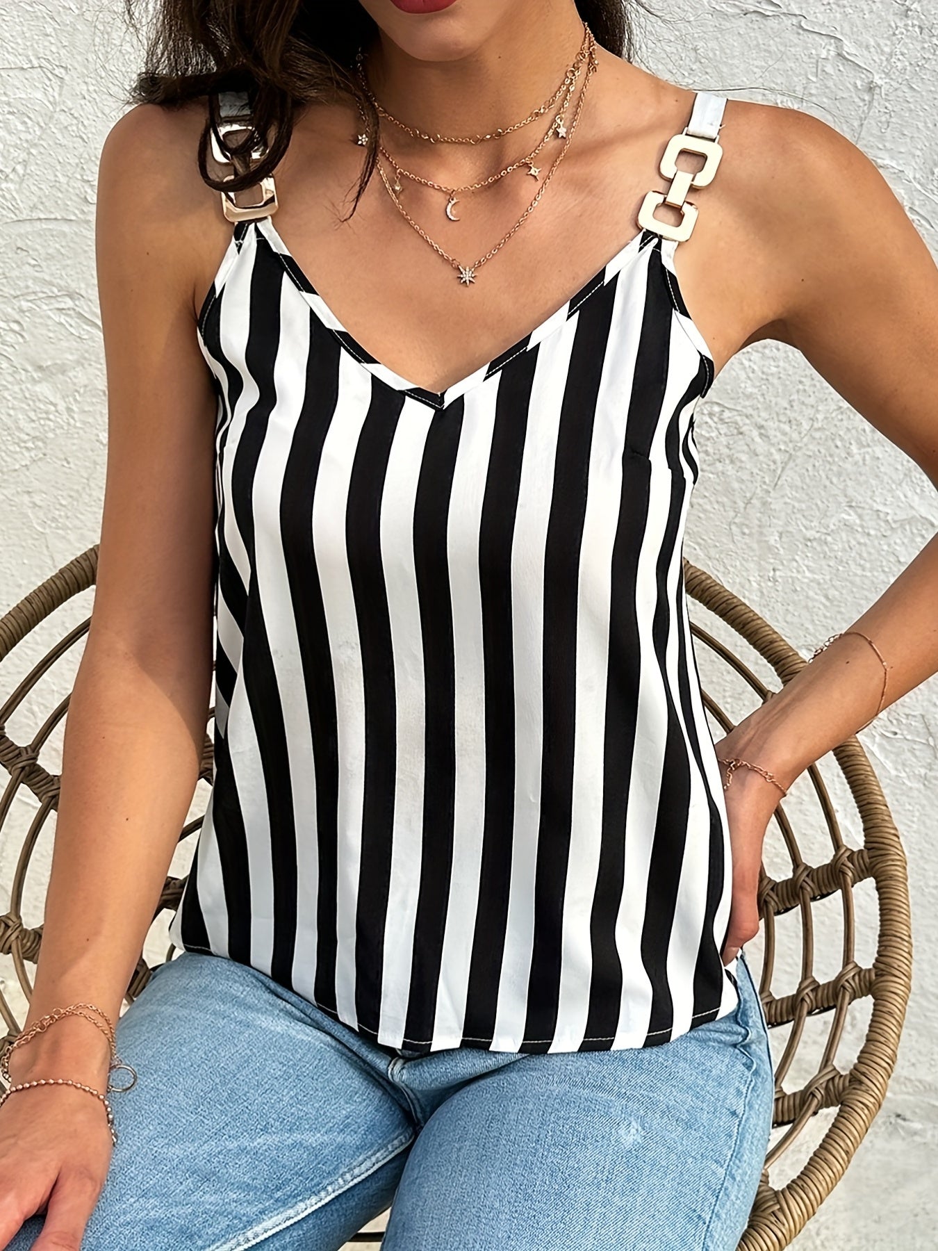 Striped Spaghetti Strap V Neck Sleeveless Cami Top