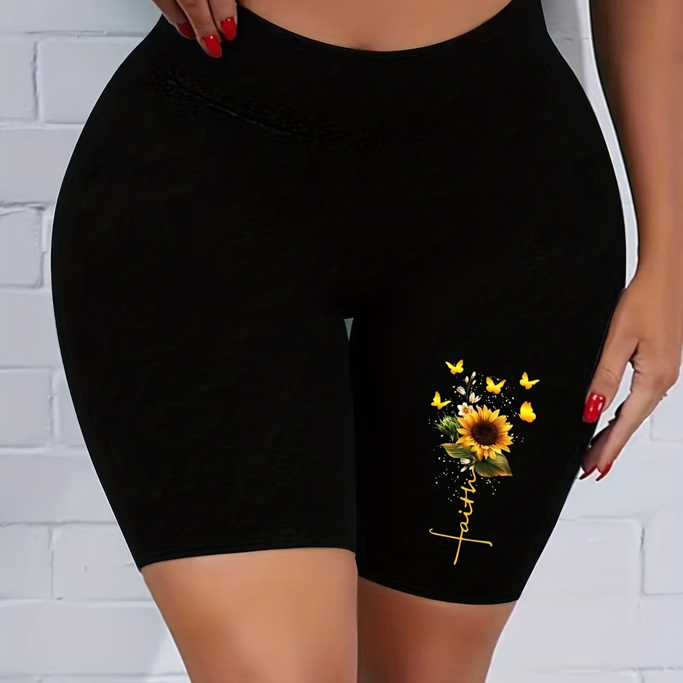  Sunflower & Letter Print High Rise Skinny Shorts