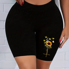 Sunflower & Letter Print High Rise Skinny Shorts