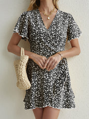 Floral Print Wrap Dress Short Sleeve V Neck Vacation Dress
