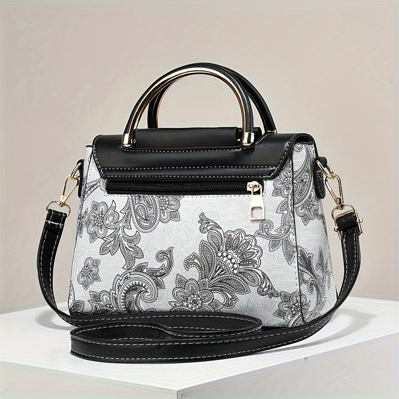 Floral Print Shoulder Bag Magnetic Closure PU Leather