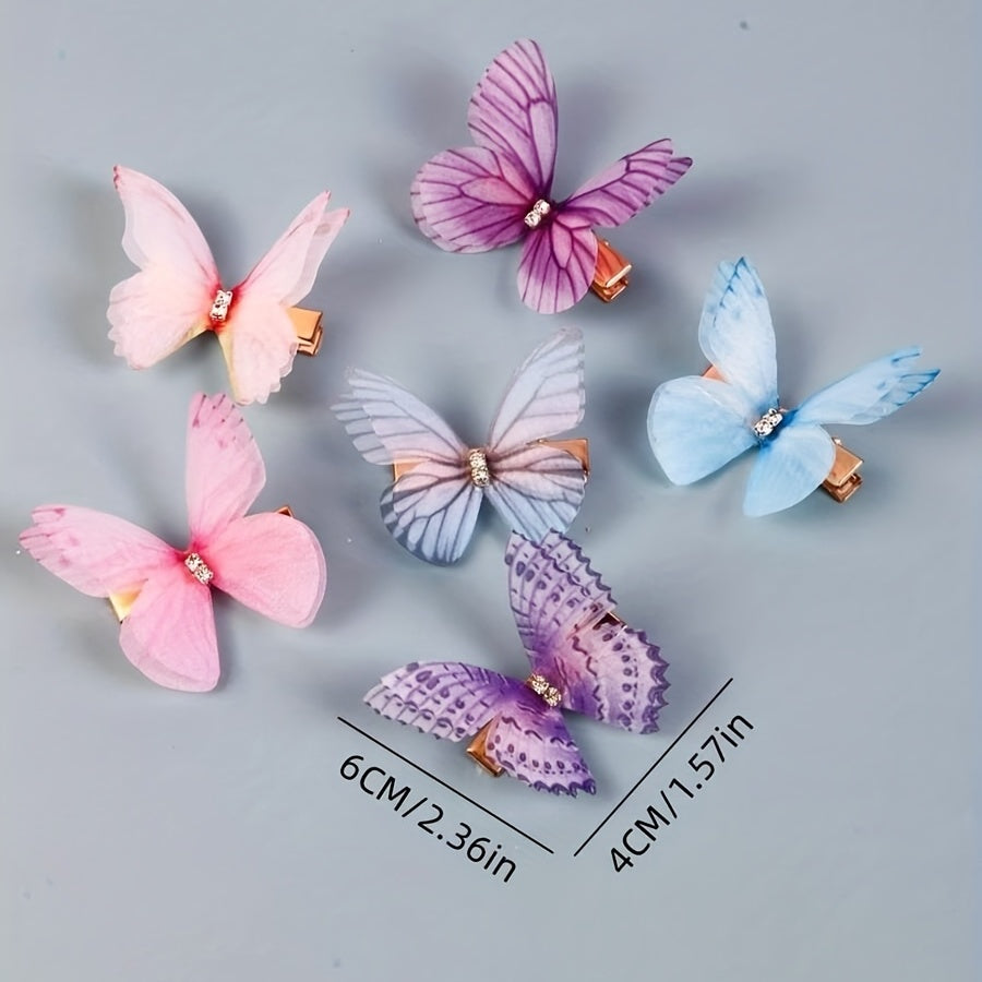 6pc Butterfly Decor Hair Clips, Double Layer Butterfly Hair Clips