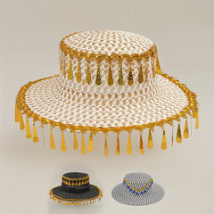 Boho Tassel Sun Hat Flat Top Crochet Straw Hat Mesh Beach Hats