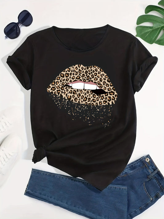 Leopard Print Lips Graphic Sports T Shirt for Women