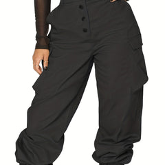 Women's Plus Solid Button Up Elastic High Rise Cargo Trousers