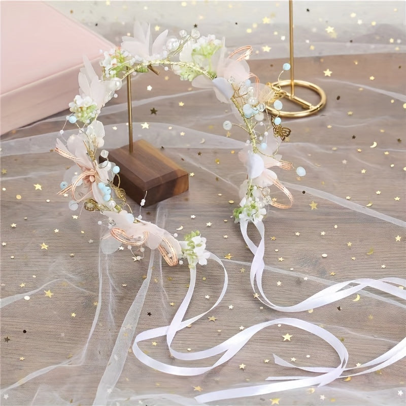 Girls Flower Headdress Hair Accessories Bracelet - Gift For Kids