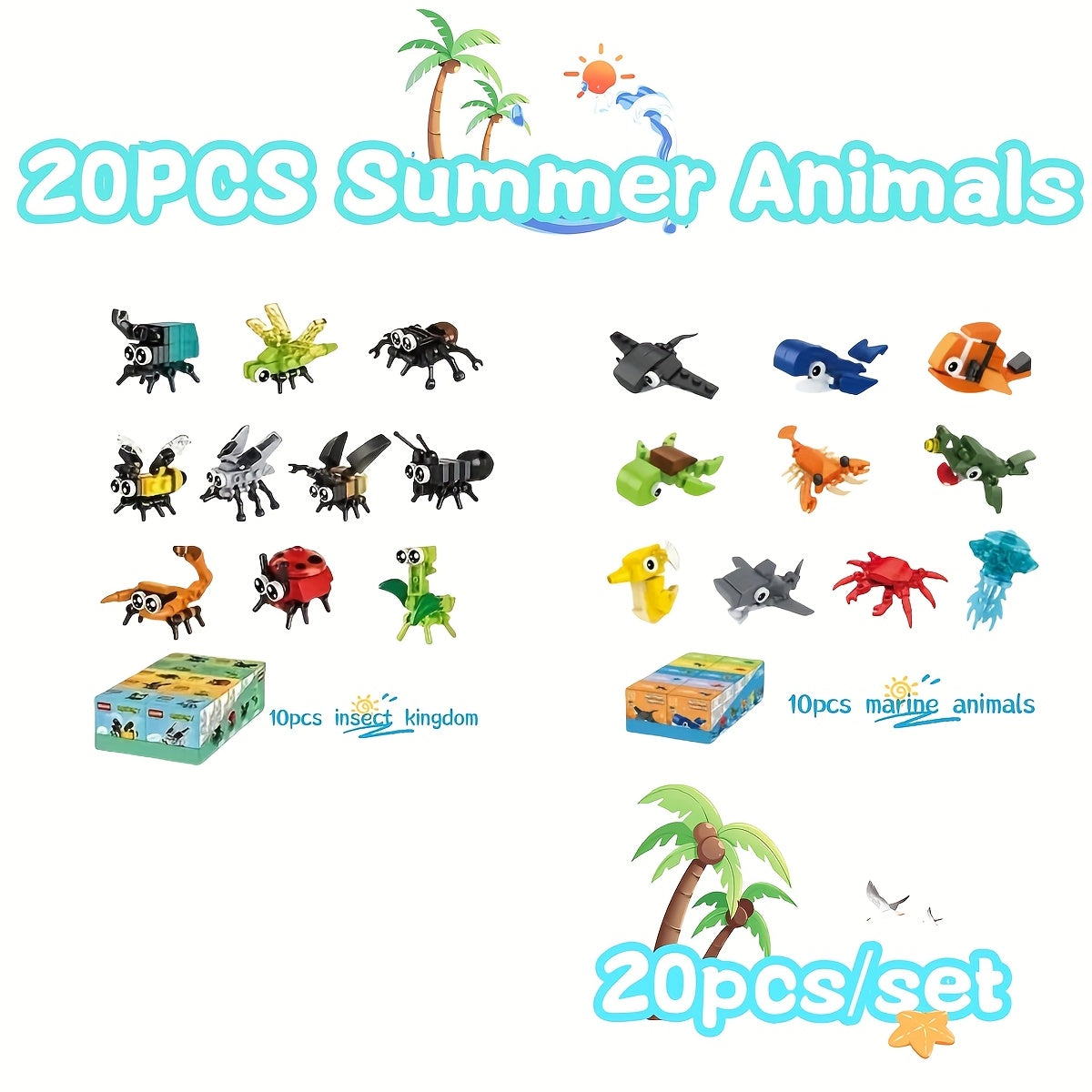20pcs Insect & Marine Animal Blocks: Spiders, Scorpions, Mantises, Bees