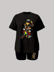 Cartoon Print Short Sleeve Tee & Biker Shorts Set Women's Plus
