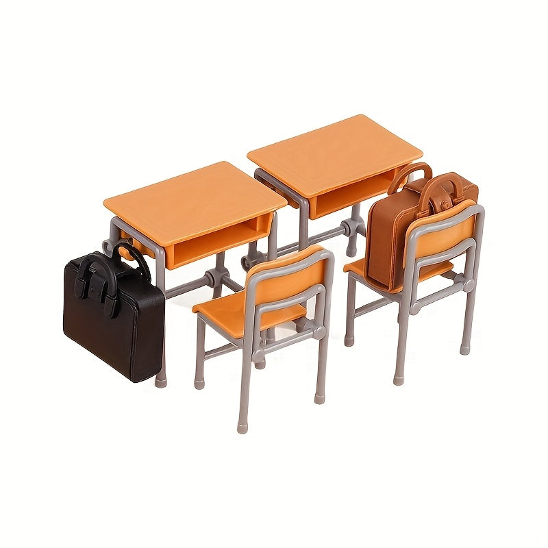 6pcs Mini Classroom Set Desk Chair Backpack Dollhouse School Decor