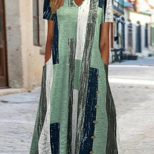  Colorblock Button Decor Short Sleeve Stretch Dress