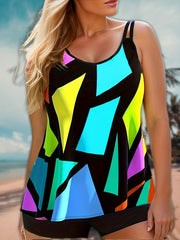  Retro Tankini Set Geometric Print Cami Top & Shorts Swimsuit