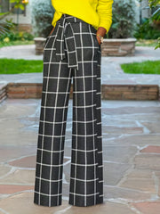  Grid Print Wide Leg Belted Trousers