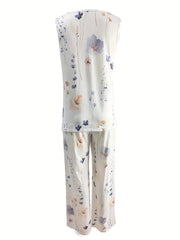Floral Print 2pc Set Crew Neck Tank Top & Wide Leg Pants Outfits