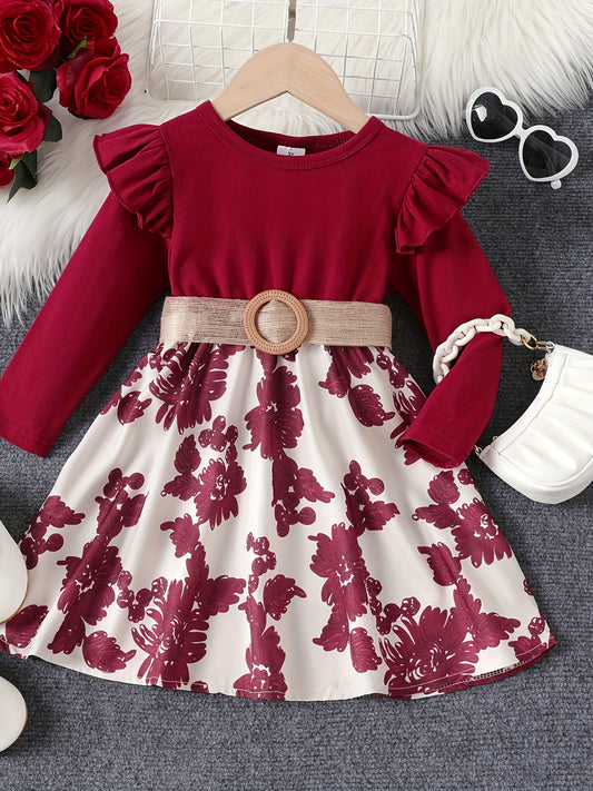 Retro Floral Long Sleeve Dress for Girls with Ruffle Trims