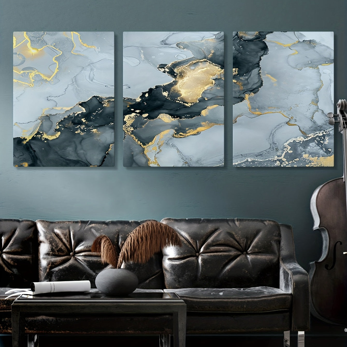3pcs Framed Modern Ink Paintings with Marble Texture and Golden Accents