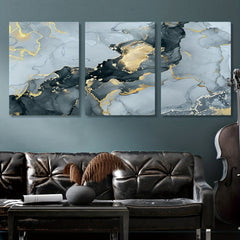 3pcs Framed Modern Ink Paintings with Marble Texture and Golden Accents