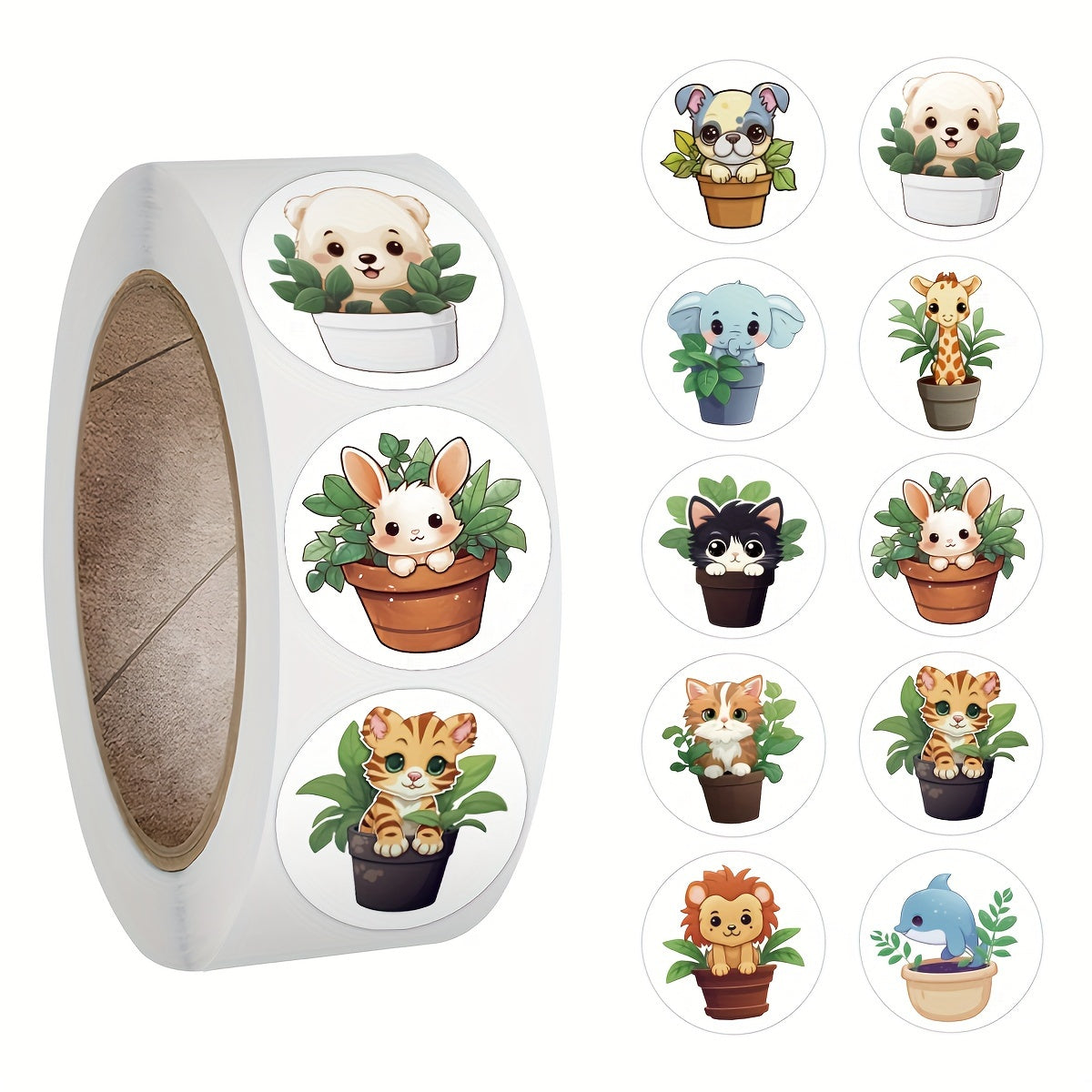 500pcs Potted Animals Stickers Roll Vinyl Scrapbook Journal Laptop