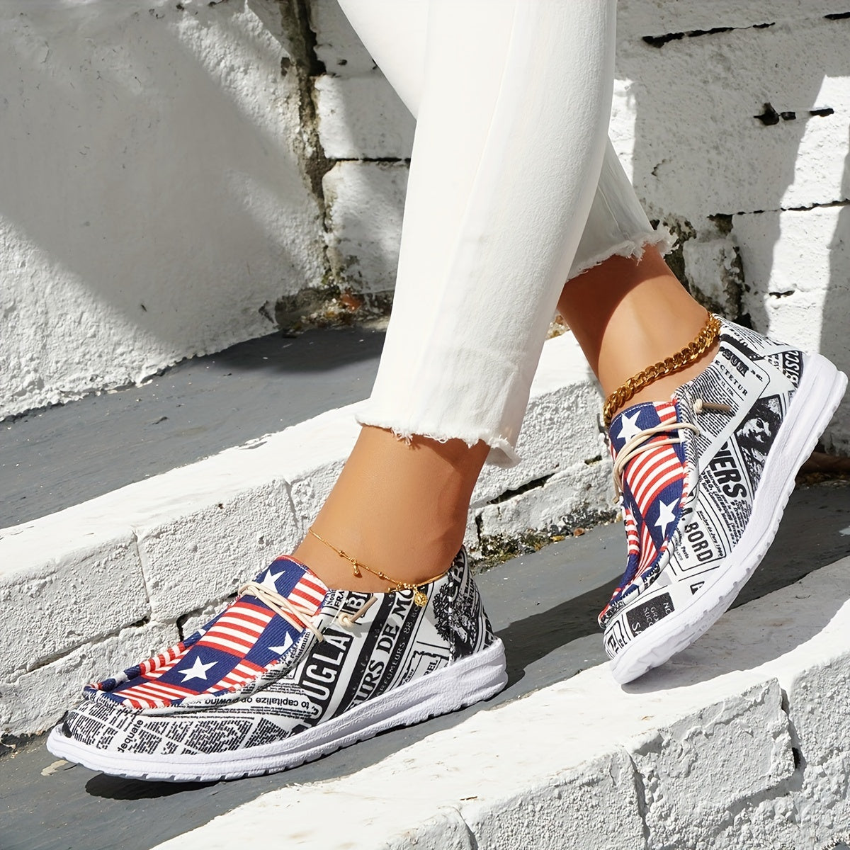 Women's Printed Canvas Shoes Lace Up Sneakers Lightweight - 4th Of July