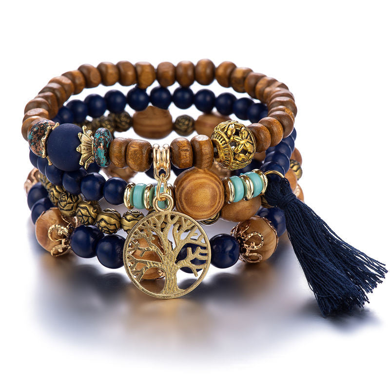 Boho Tree & Tassel Charm Beaded Bracelet Set