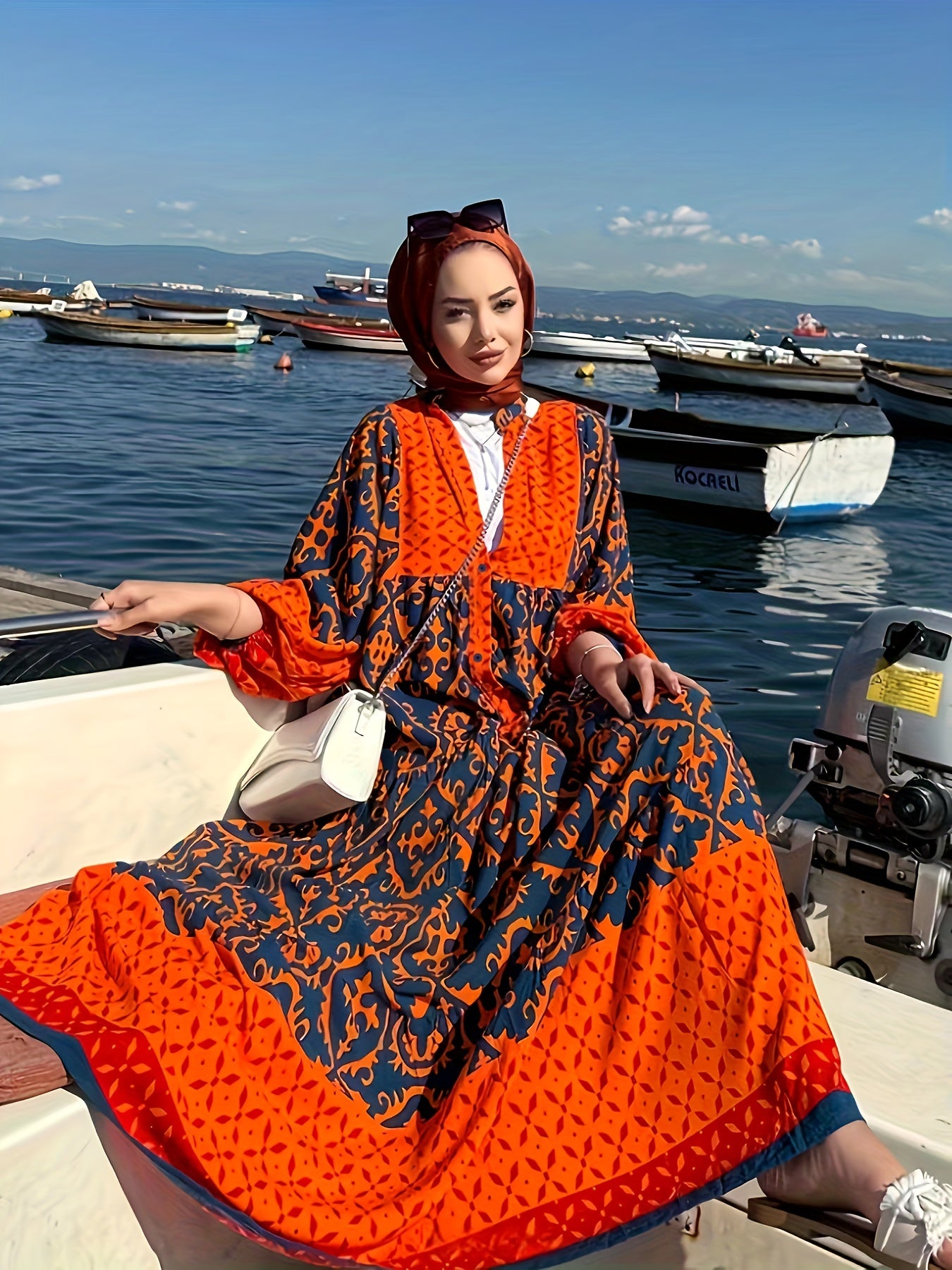  Colorblock Damask Print Kaftan Dress with Lantern Sleeves