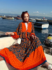  Colorblock Damask Print Kaftan Dress with Lantern Sleeves