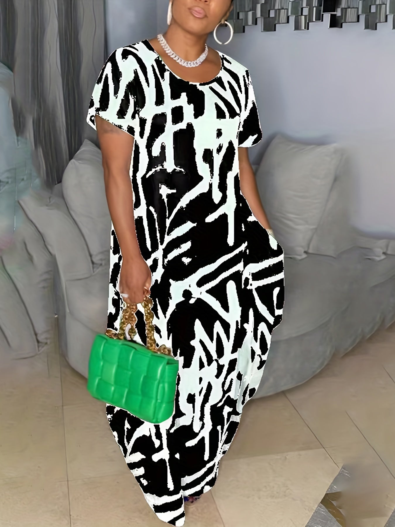 Plus Size Geometric Print Maxi Dress With Pockets