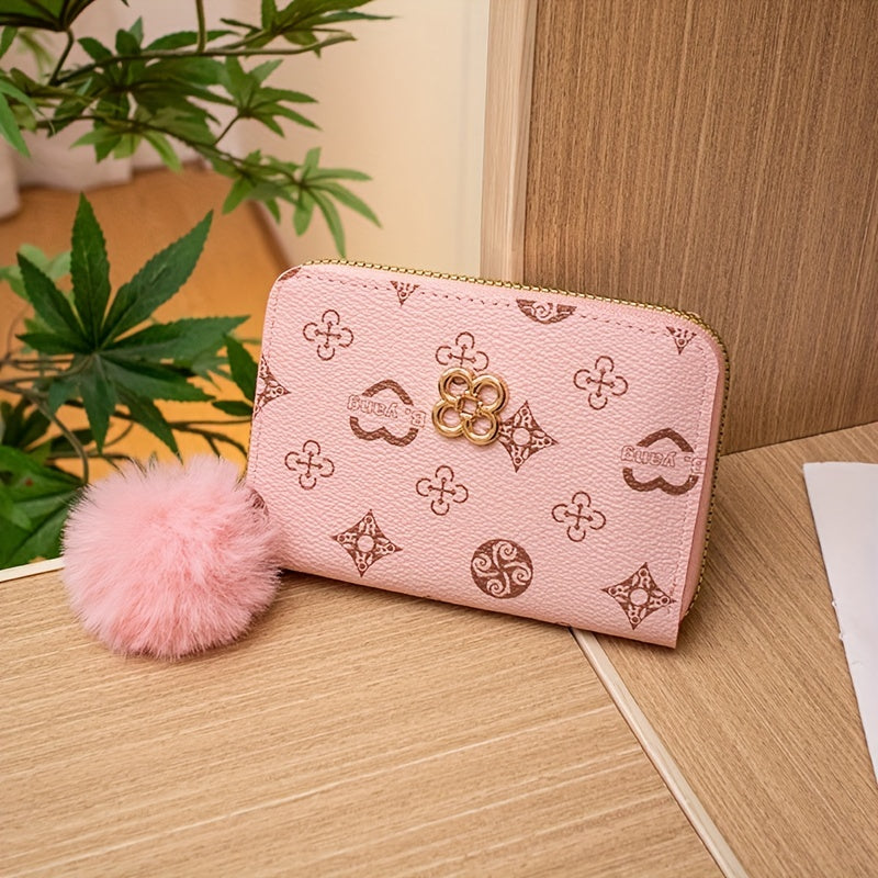 Vintage Zip Around Coin Purse with Pom Pom