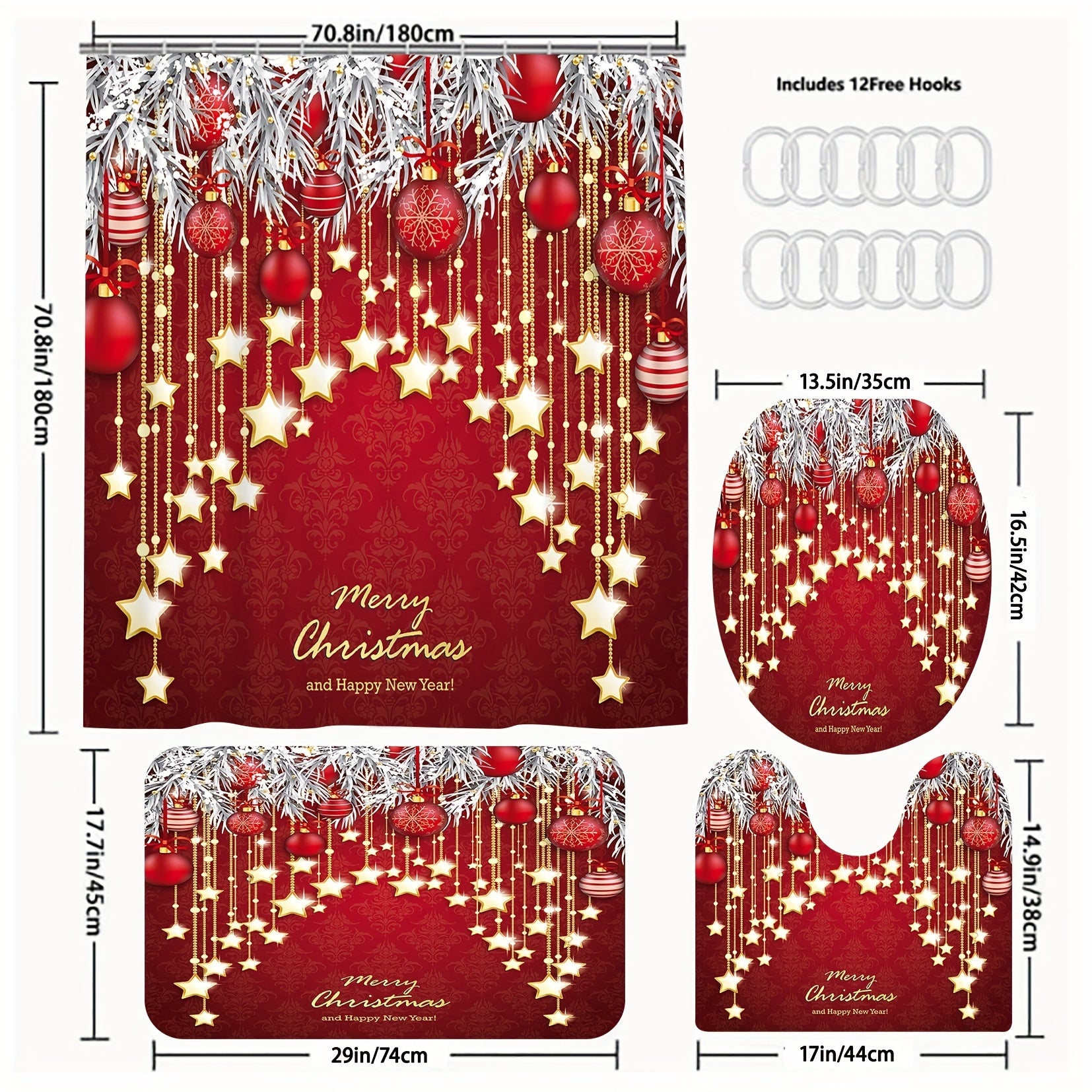 Christmas Star Light Shower Curtain Set with Non-slip Rug and Toilet Mat