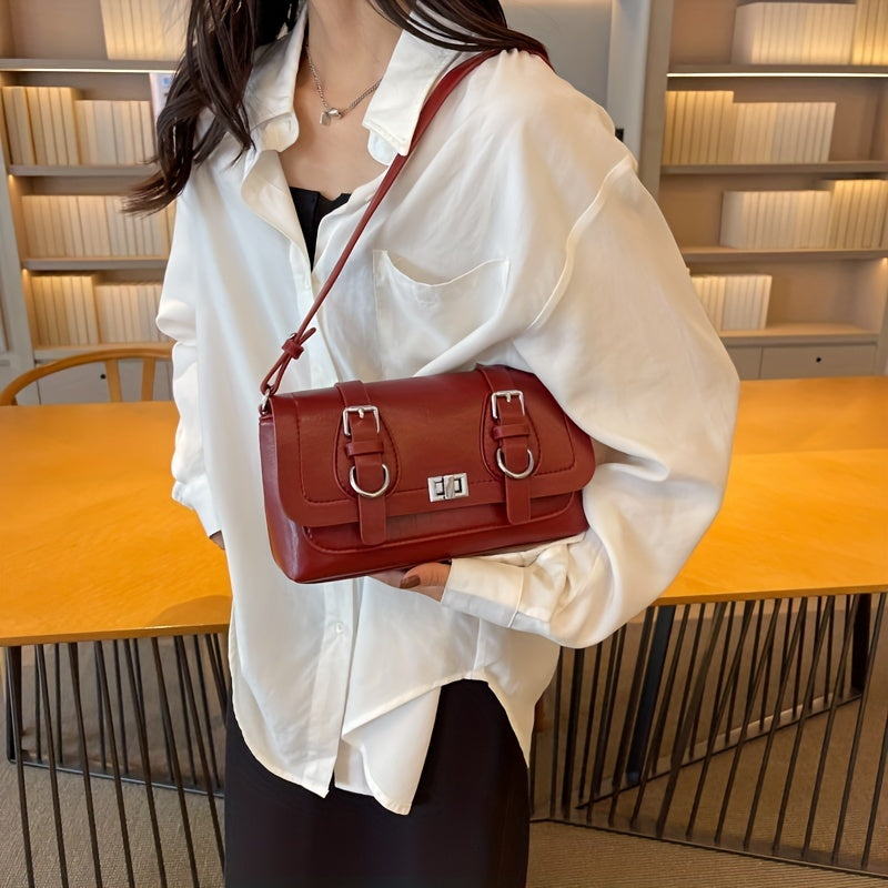 Retro Style Vegan Leather Shoulder Bag Buckle Decor Flap Baguette Bag
