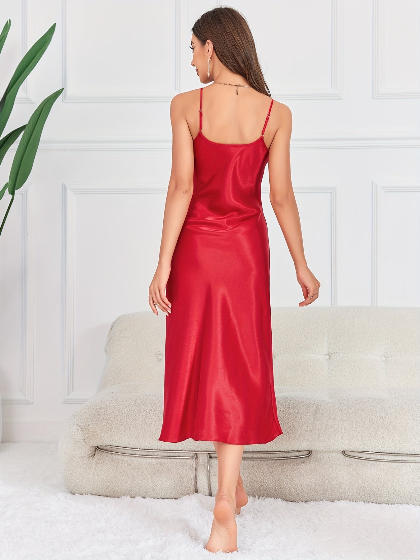 Satin Slip Nightdress V Neck Spaghetti Strap Sleep Dress
