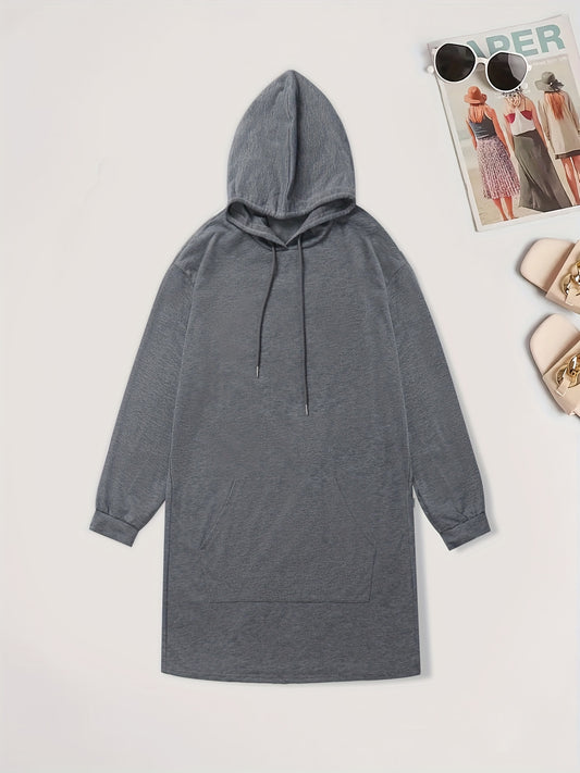  Hooded Sweatshirt Dress Long Sleeve Solid Drawstring Casual