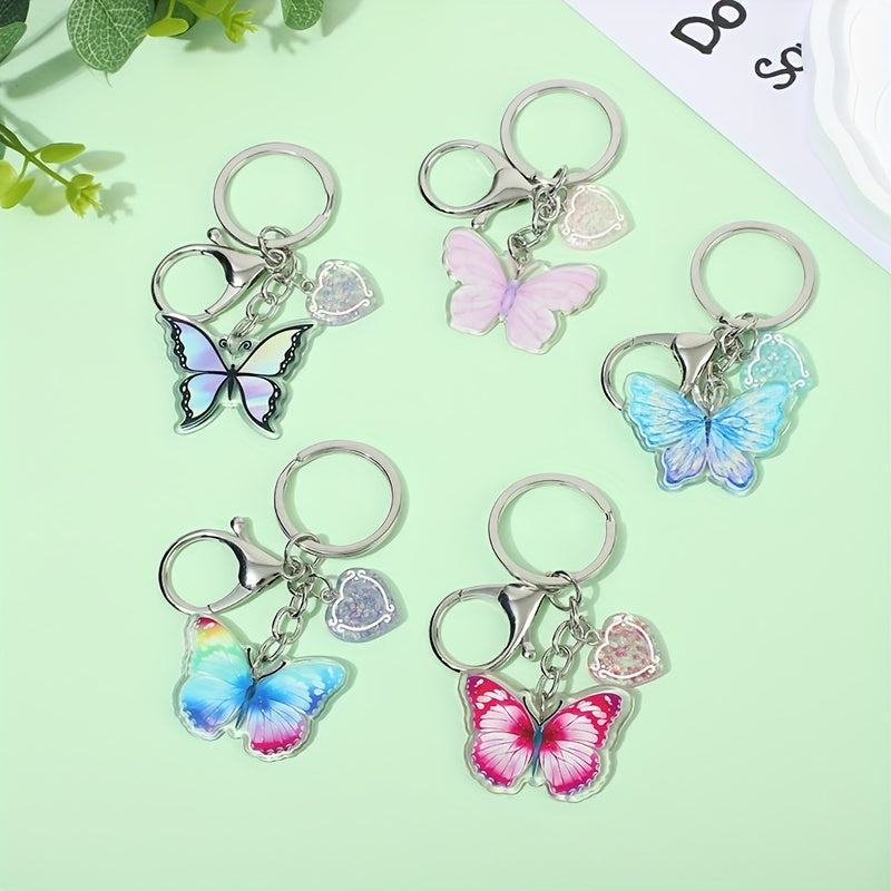 Girls Butterfly Keychain Sequin Heart Key Ring