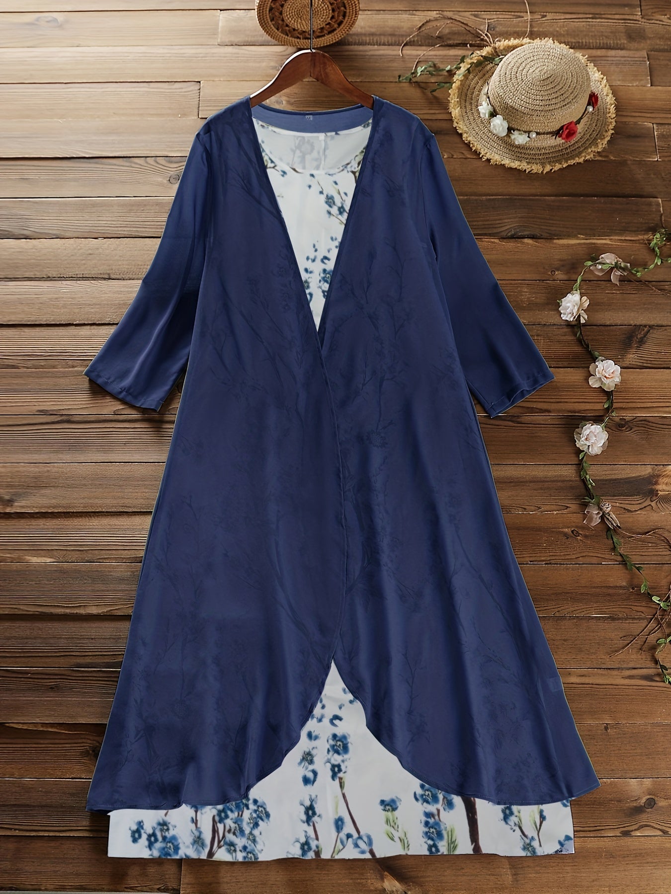  2-Piece Set: Solid Cover Up & Floral Print Tank Dress