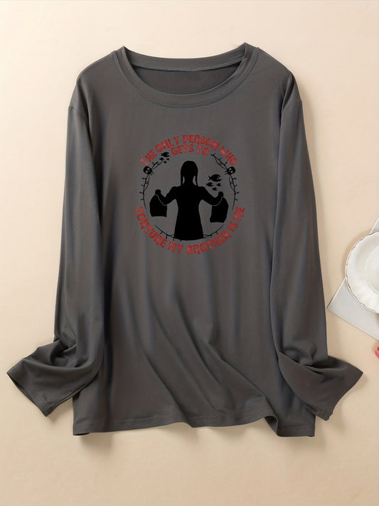  Halloween Skull Print Long Sleeve Round Neck Top