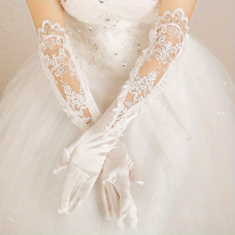Satin Lace Gloves Faux Pearl Decor Embroidery Long Gloves For Women Wedding