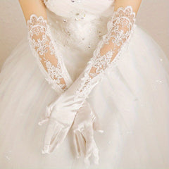 Satin Lace Gloves Faux Pearl Decor Embroidery Long Gloves For Women Wedding