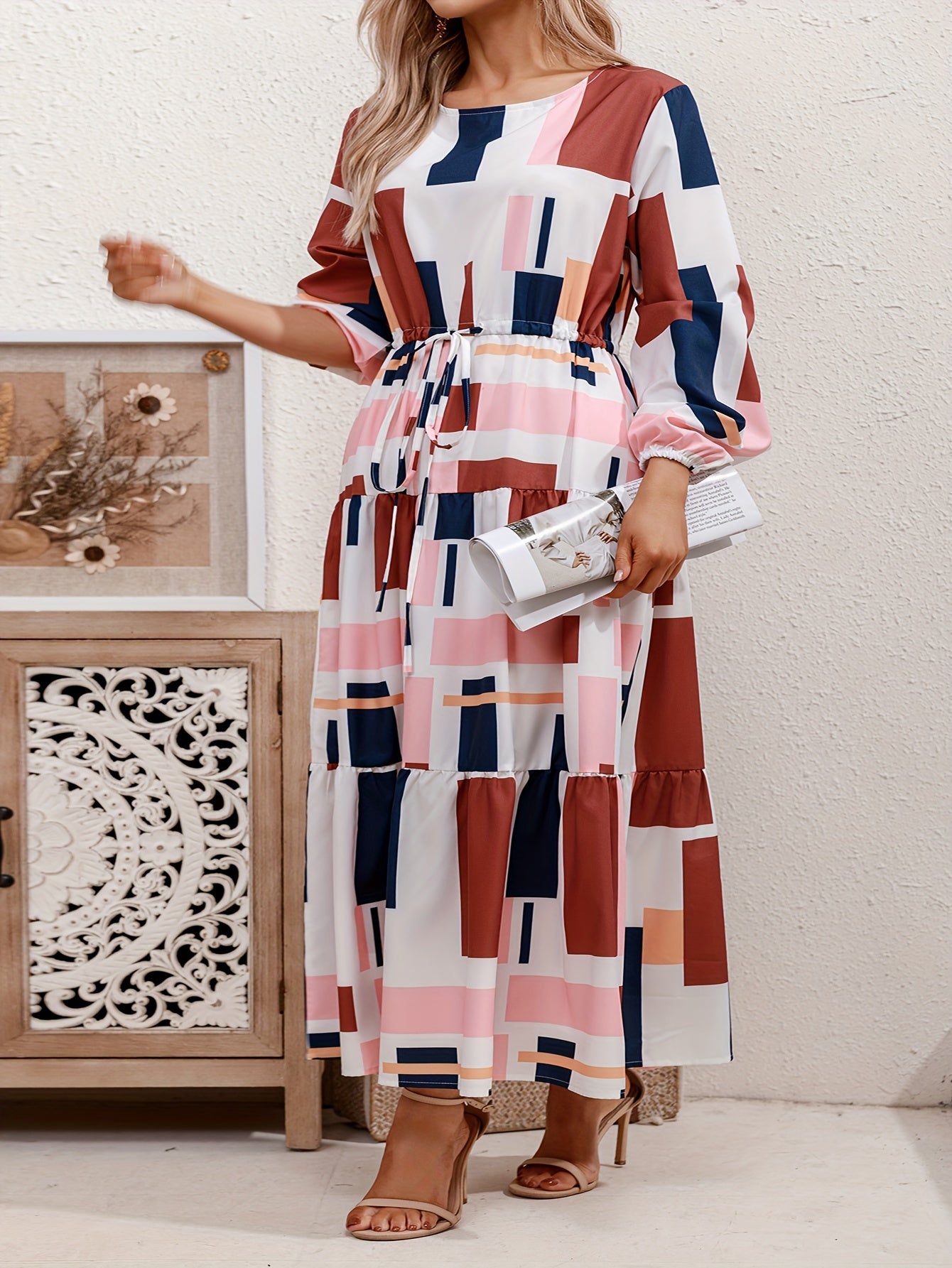  Colorblock Geometric Print Maxi Dress