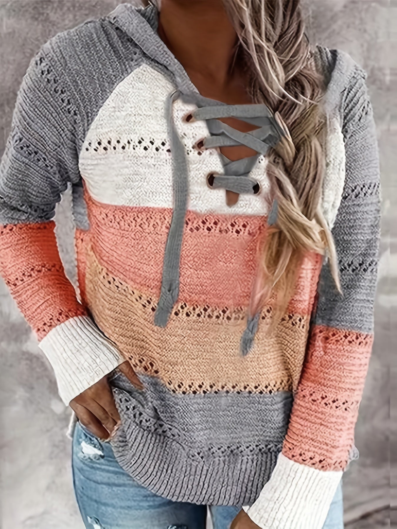  Colorblock Lace Up Hooded Sweater Long Sleeve Pullover Top