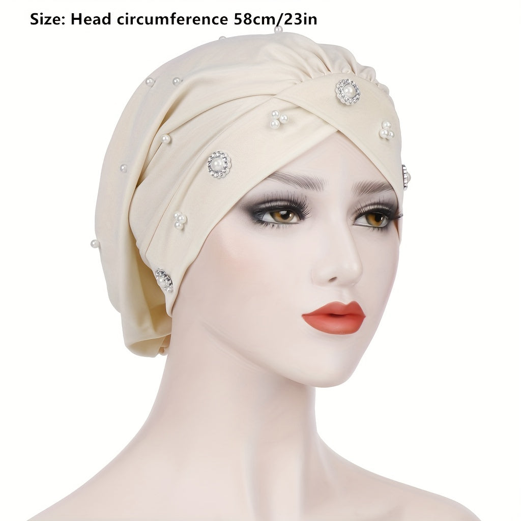Beaded Flower Decor Head Wrap Solid Beanie Lightweight Hijab Hat