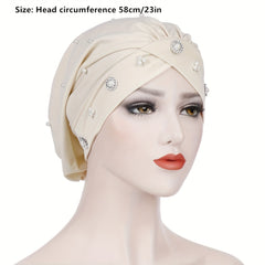 Beaded Flower Decor Head Wrap Solid Beanie Lightweight Hijab Hat