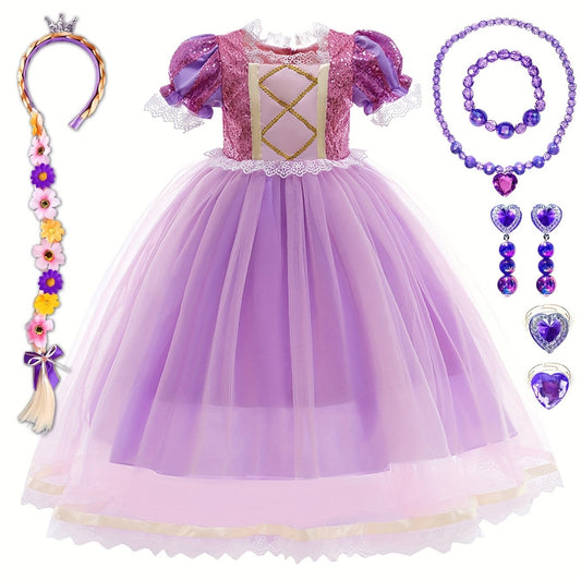 6pcs Girls Purple Princess Dress Costume Jewelry & Flower Hairband