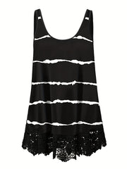 Rose Print Lace Trim Tank Top Sleeveless Summer Casual Women's Clothing