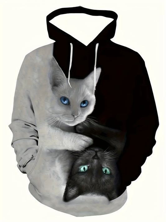 Men's Cat Print Hoodie Pullover Sweatshirt with Kangaroo Pocket
