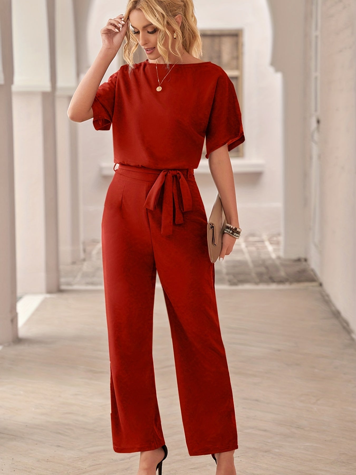 Solid Crew Neck Short Sleeve Jumpsuit High Waist Wide Leg Long Length With Belt