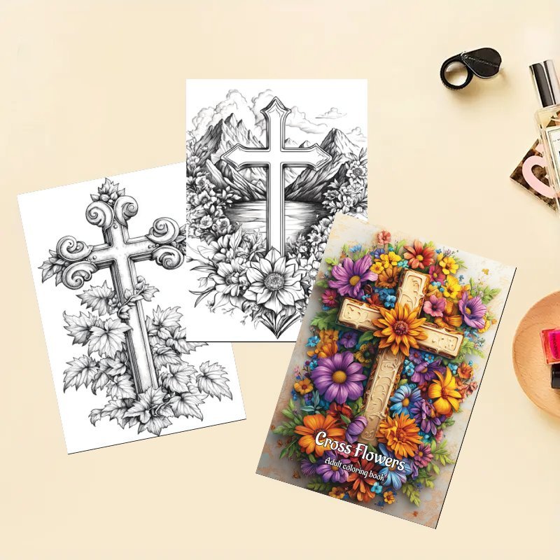 Cross Flowers Coloring Book Relaxing Drawing & Painting Activity Perfect Gift