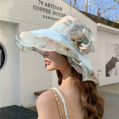 Peony Print Ruffles Sun Hat Flower Stitching Wide Brim Bucket Hat