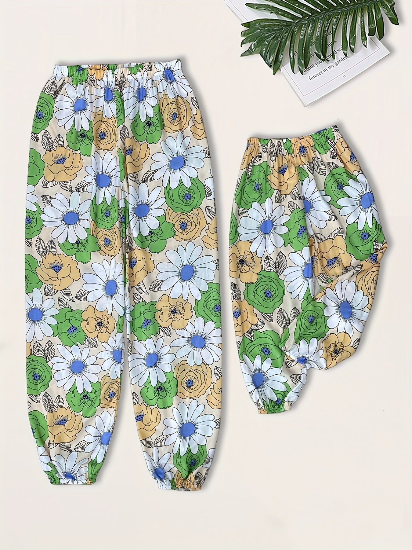 Girls Floral Elastic Waist Pants Thin Loose Trousers