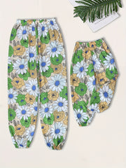 Girls Floral Elastic Waist Pants Thin Loose Trousers