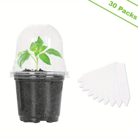 30 Clear Nursery Pots with Humidity Domes 10-16 cm - Seed Starter Pots